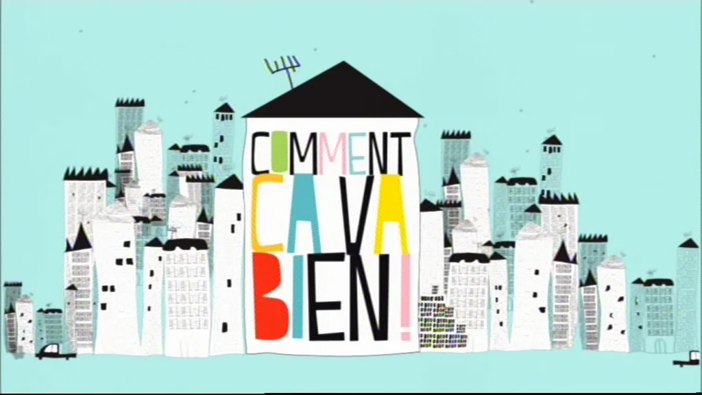 Tendance coiffure femme. logo d'une émission avec des immeubles et n fond bleu